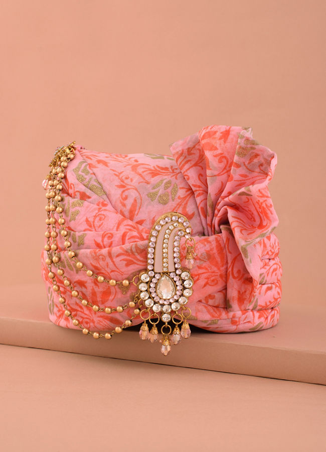 Sherbet Pink Safa with Embellished Paisley Brooch image number 0